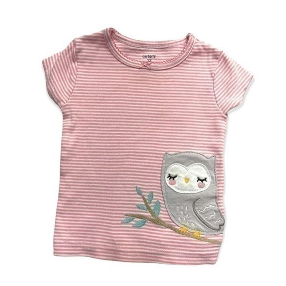 Carter’s Pink White Striped Owl Short Sleeve T-shirt Top Girl’s Size 12 months